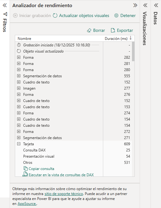 Analizador de rendimiento Power BI